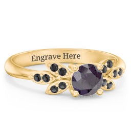 Round Birthstone Ring With Petal Accents in 18K Gold Plated Silver with Alexandrite and Black Premium Zirconia