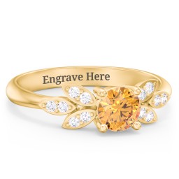 Round Birthstone Ring With Petal Accents in 18K Gold Plated Silver with Citrine and White Premium Zirconia