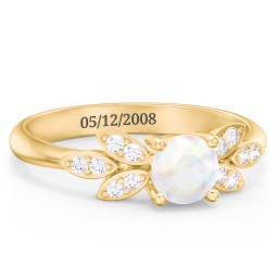 Round Birthstone Ring With Petal Accents in 18K Gold Plated Silver with Opal and White Premium Zirconia