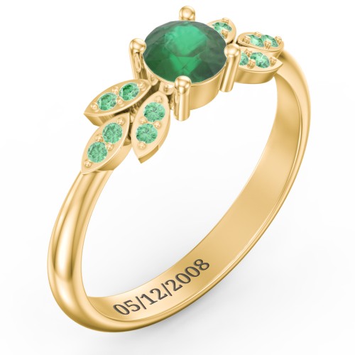 Round Birthstone Ring With Petal Accents – 18K Gold Plated Silver with Emerald and Green Premium Zirconia