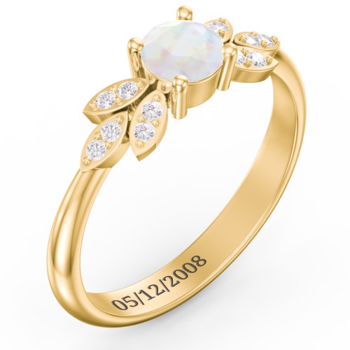 Round Birthstone Ring With Petal Accents – 18K Gold Plated Silver with Opal and White Premium Zirconia