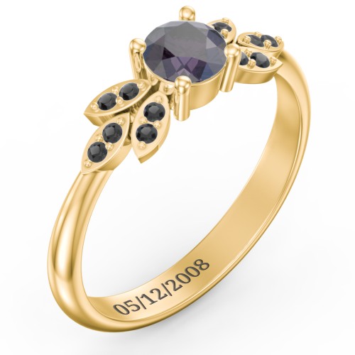 Round Birthstone Ring With Petal Accents – 18K Gold Plated Silver with Alexandrite and Black Premium Zirconia
