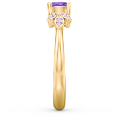 Round Birthstone Ring With Petal Accents – 18K Gold Plated Silver with Amethyst and Amethyst Premium Zirconia