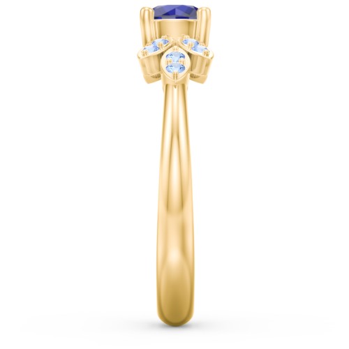 Round Birthstone Ring With Petal Accents – 18K Gold Plated Silver with Blue Sapphire and Fancy Blue Premium Zirconia