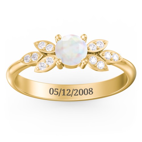 Round Birthstone Ring With Petal Accents – 18K Gold Plated Silver with Opal and White Premium Zirconia