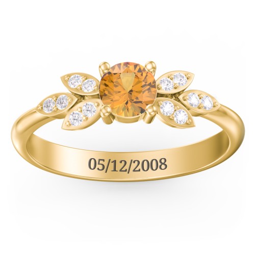 Round Birthstone Ring With Petal Accents – 18K Gold Plated Silver with Citrine and White Premium Zirconia