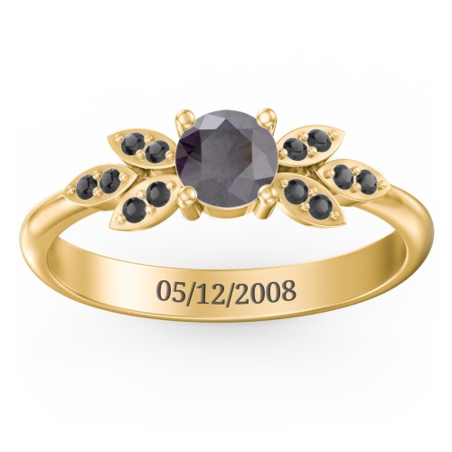 Round Birthstone Ring With Petal Accents – 18K Gold Plated Silver with Alexandrite and Black Premium Zirconia