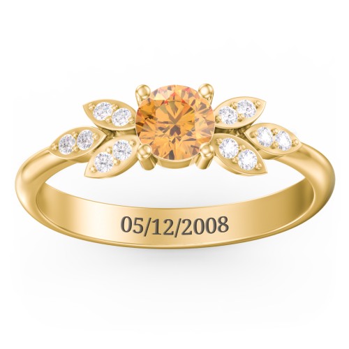 Round Birthstone Ring With Petal Accents – 18K Gold Plated Silver with Citrine and White Premium Zirconia