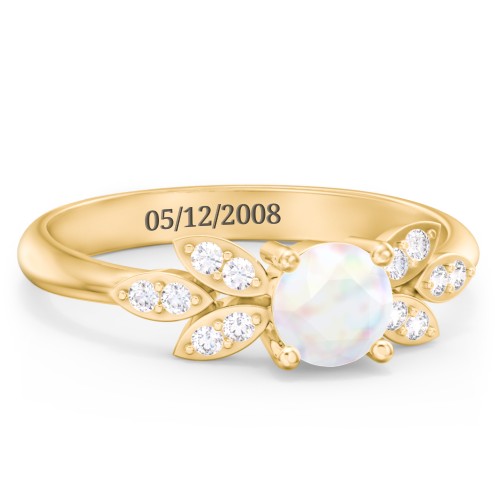 Round Birthstone Ring With Petal Accents – 18K Gold Plated Silver with Opal and White Premium Zirconia