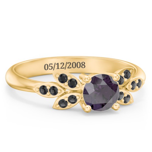 Round Birthstone Ring With Petal Accents – 18K Gold Plated Silver with Alexandrite and Black Premium Zirconia