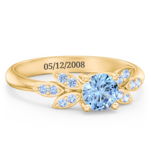 Round Birthstone Ring With Petal Accents – 18K Gold Plated Silver with Blue Topaz and Fancy Blue Premium Zirconia