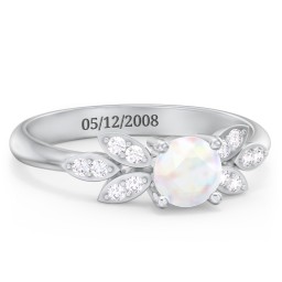 Round Birthstone Ring With Petal Accents in 925 Sterling Silver with Opal and White Premium Zirconia