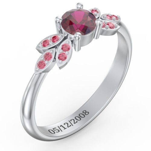 Round Birthstone Ring With Petal Accents – Sterling Silver with Ruby and Red Premium Zirconia