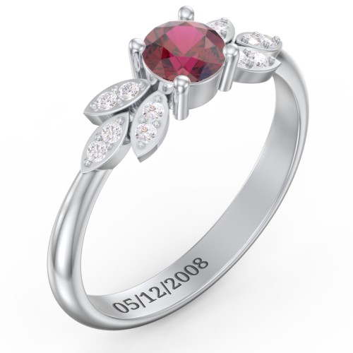 Round Birthstone Ring With Petal Accents – Sterling Silver with Ruby and White Premium Zirconia