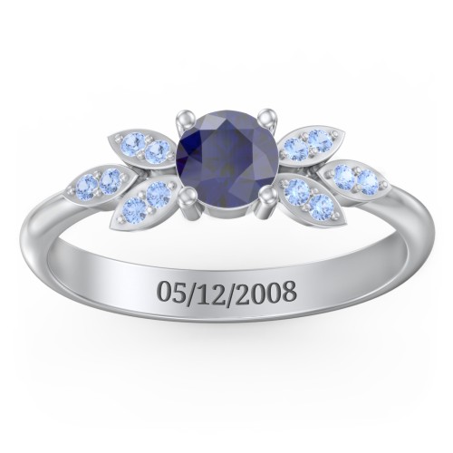Round Birthstone Ring With Petal Accents – Sterling Silver with Blue Sapphire and Fancy Blue Premium Zirconia
