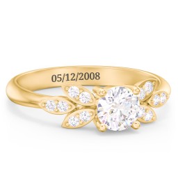 Round Birthstone Ring With Petal Accents in 10K Solid Yellow Gold with Diamond