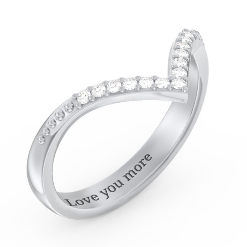 Deep-V Wedding Band With Milgrain And Accents – 10K White Gold with White Premium Zirconia