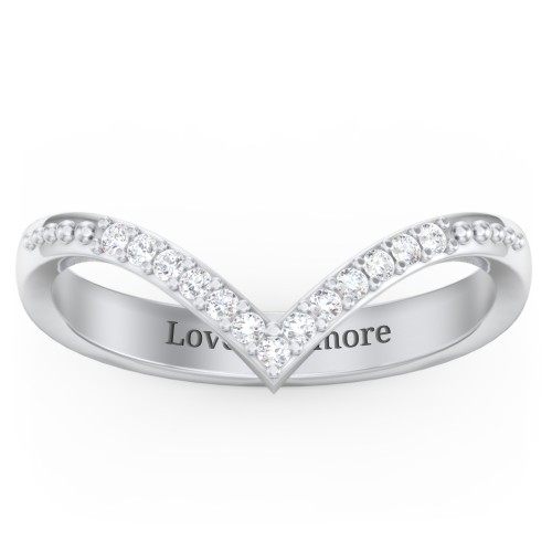 Deep-V Wedding Band With Milgrain And Accents – 10K White Gold with White Premium Zirconia
