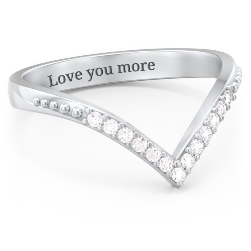 Deep-V Wedding Band With Milgrain And Accents – 10K White Gold with White Premium Zirconia
