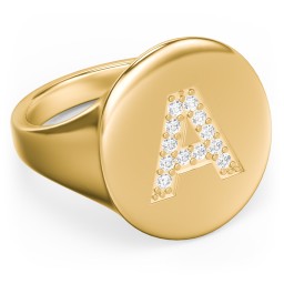 Pavé Initial Signet Ring - A in 10K Solid Yellow Gold with White Premium Zirconia