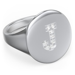 Pavé Initial Signet Ring - J in 925 Sterling Silver with White Premium Zirconia