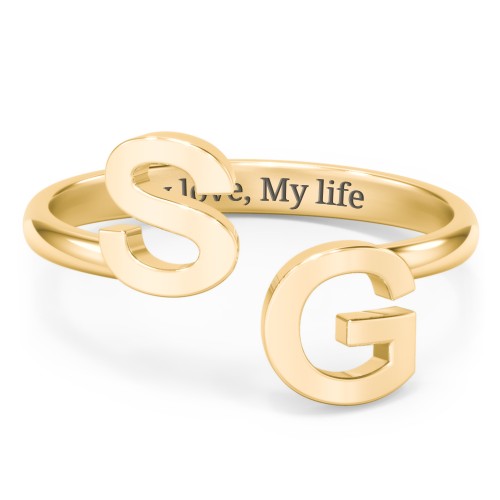 Double Initial Open Cuff Ring – 10K Yellow Gold