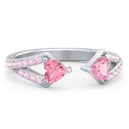 Double Heart Birthstone Open Cuff Ring with Accents