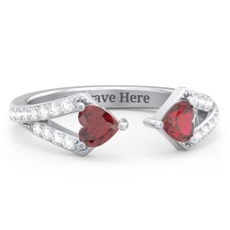 Double Heart Birthstone Open Cuff Ring with Accents