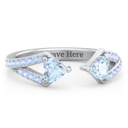 Double Heart Birthstone Open Cuff Ring with Accents