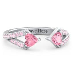 Double Heart Birthstone Open Cuff Ring with Accents