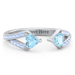 Double Heart Birthstone Open Cuff Ring with Accents