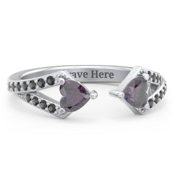 Double Heart Birthstone Open Cuff Ring with Accents