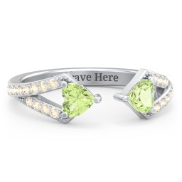 Double Heart Birthstone Open Cuff Ring with Accents
