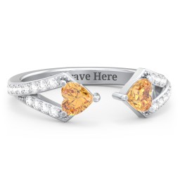 Double Heart Birthstone Open Cuff Ring with Accents