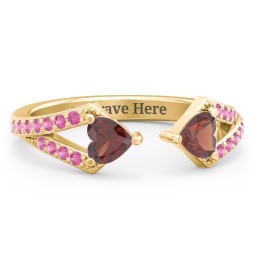 Double Heart Birthstone Open Cuff Ring with Accents in 18K Gold Plated Silver with Garnet and Red Premium Zirconia