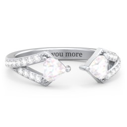 Double Heart Birthstone Open Cuff Ring with Accents