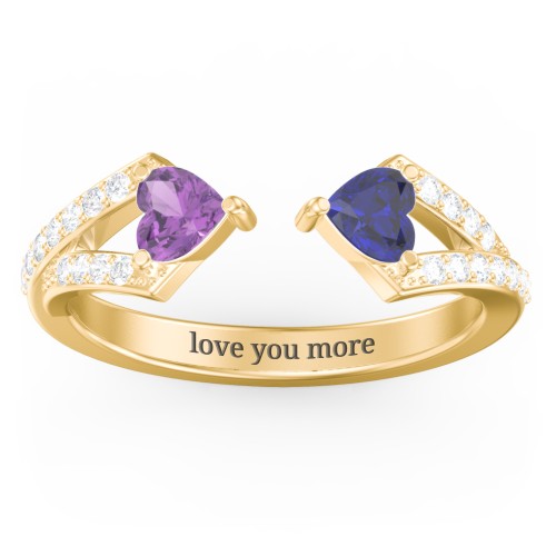 Double Heart Birthstone Open Cuff Ring with Accents – 18K Gold Plated Silver with Amethyst, Blue Sapphire, and White Premium Zirconia