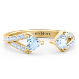 Double Heart Birthstone Open Cuff Ring with Accents in 18K Gold Plated Silver with Aquamarine and Fancy Blue Premium Zirconia