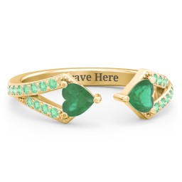 Double Heart Birthstone Open Cuff Ring with Accents in 18K Gold Plated Silver with Emerald and Green Premium Zirconia
