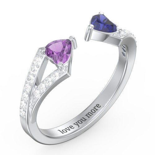 Double Heart Birthstone Open Cuff Ring with Accents – Sterling Silver with Amethyst, Blue Sapphire, and White Premium Zirconia