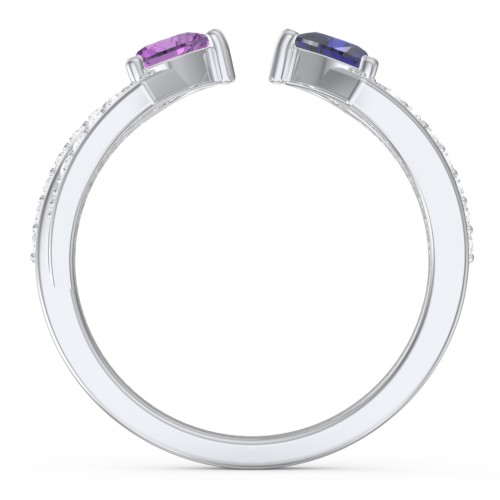 Double Heart Birthstone Open Cuff Ring with Accents – Sterling Silver with Amethyst, Blue Sapphire, and White Premium Zirconia