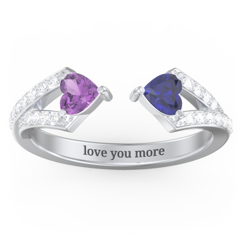 Double Heart Birthstone Open Cuff Ring with Accents – Sterling Silver with Amethyst, Blue Sapphire, and White Premium Zirconia