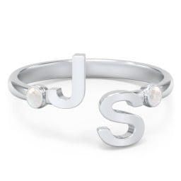 Double Initial Open Cuff Ring with Birthstones