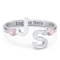 Double Initial Open Cuff Ring with Birthstones