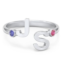 Double Initial Open Cuff Ring with Birthstones