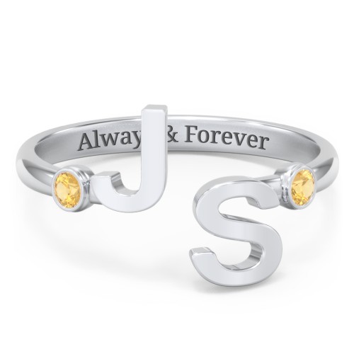 Double Initial Open Cuff Ring with Birthstones