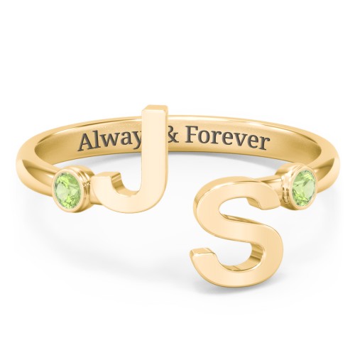 Double Initial Open Cuff Ring with Birthstones