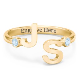 Double Initial Open Cuff Ring with Birthstones in 18K Gold Plated Silver with Blue Topaz