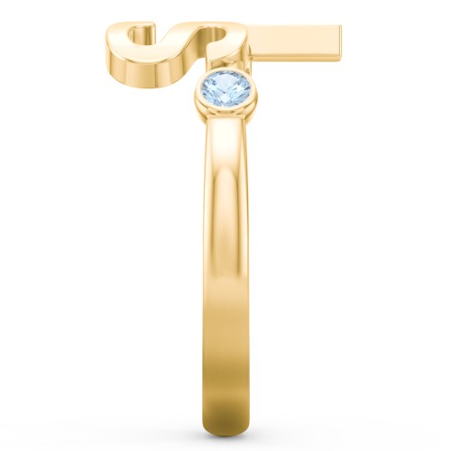 Double Initial Open Cuff Ring with Birthstones – 18K Gold Plated Silver with Blue Topaz