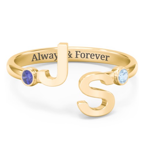 Double Initial Open Cuff Ring with Birthstones – 18K Gold Plated Silver with Blue Sapphire and Blue Topaz